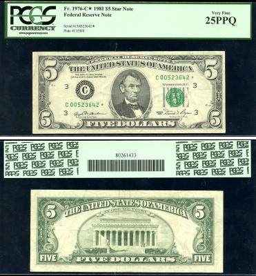США 5 долларов 1981 C (Филадельфия), замещенная серия, в слабе PCGS 25 PPQ Very Fine Pick 469 a, Fr. 1976  бумага   452-3-47