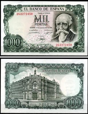 Испания 1000 песет 1974 (1971) Хосе Эчегерай-и-Эйсагирре, 100 лет со дня того, как Banco de España стал единственным банком-эмитентом (1874–1974) Pick 154  бумага   451-1245-1
