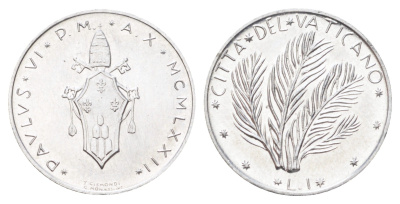 Ватикан 1 лира 1970 MCMLXX, Павел KM 116 алюминий UNC 4697-1022