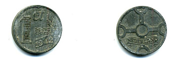 НИДЕРЛАНДЫ 1 ЦЕНТ 1942 ВИЛЬГЕЛЬМИНА (1890-1948) KM 170 цинк 46-322
