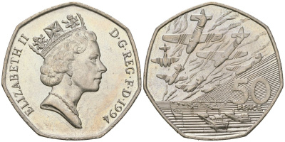 Великобритания 50 пенсов 1994 Елизавета II (1952-2022), 50 лет высадки союзников в Нормандии (день D) KM 966, Spink H6 медно-никель UNC 4590-143
