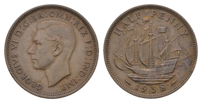 Великобритания 1/2 пенни 1938 Георг VI (1936-1952) KM 844, Spink 4115 бронза 4700-1213