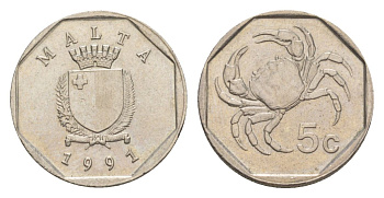 Мальта 5 центов 1991 краб KM 95 медно-никель 4632-858