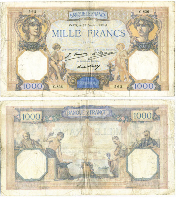 Франция 1000 франков 1930 23 января 1930 В Pick 79 a бумага 434-2-2-1