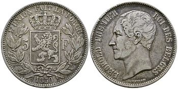 Бельгия 5 франков 1850 Леопольд I (1831-1865) KM 17 серебро 1066-5-36