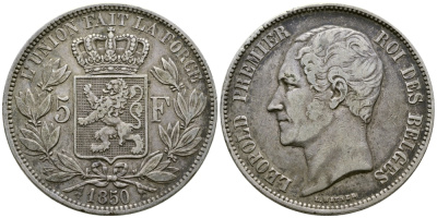 Бельгия 5 франков 1850 Леопольд I (1831-1865) KM 17 серебро 1066-5-36