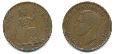 Великобритания 1 пенни 1937 Георг VI (1936-1952) KM 845, Spink 4114 бронза 89-116