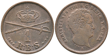 Дания 1 риксбанкскиллинг 1842 VS, Кристиан VIII (1839-1848) KM 726.2 (С120.2) медь 34-542