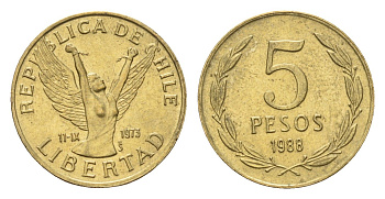 Чили 5 песо 1988 KM 217 латунь UNC 4689-222