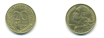 ФРАНЦИЯ 20 САНТИМОВ 1994 KM 930 медь алюминий никель 54-2136