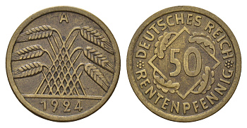 Германия 50 рентенпфеннигов 1924 A J. 310, KM 34 алюминиевая бронза 4619-1055