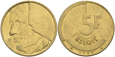 Бельгия 5 франков 1986 Belgie KM 164 алюминиевая бронза    4187-523