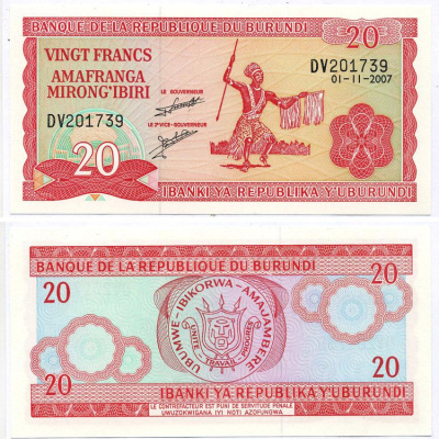 Бурунди 20 франков 2007 1 ноября 2007 Pick 27 d бумага UNC (пресс) 8589-38-2-2