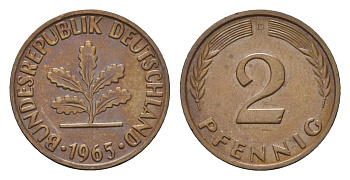 ФРГ 2 пфеннига 1965 D KM 106, J. 381 бронза 4147-163