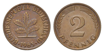 ФРГ 2 пфеннига 1965 D KM 106, J. 381 бронза 4147-163