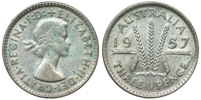 Австралия 3 пенса 1957 m, Елизавета II (1953-) KM 57 серебро 71-536