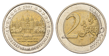 Германия 2 евро 2007 D, J, серия федеральные земли, Мекленбург-Передняя Померания, Шверинский замок KM 260 биметалл 4693-946
