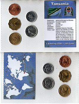 Танзания набор из 5 монет (5, 10, 20 и 50 центов; 1 шиллинг) 1982, 1984, 1989 и 1992 в красочной упаковке с информацией о стране KM 1, 2, 3, 22, 26 UNC 3-4-1-35