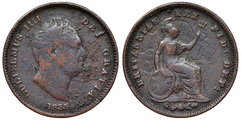 Великобритания 1/3 фартинга 1835 Вильгельм IV (1830-1837) KM 721, Spink 3850 медь    4115-348