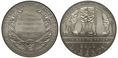 США 1 доллар 2010 W, американские ветераны-инвалиды KM 479 серебро UNC 1078-9-34