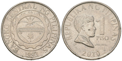 Филиппины 1 писо 2010 KM 269a сталь плакированная никелем 4523-1241