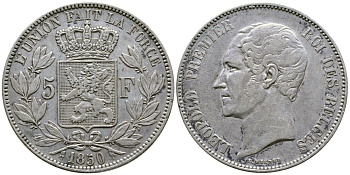 Бельгия 5 франков 1850 Леопольд I (1831-1865) KM 17 серебро 1067-3-42