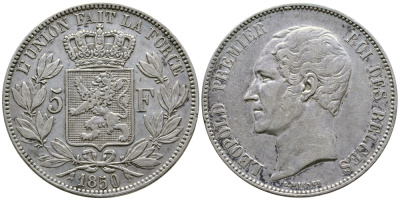 Бельгия 5 франков 1850 Леопольд I (1831-1865) KM 17 серебро 1067-3-42