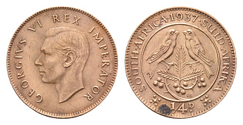 ЮАР 1/4 пенни (фартинг) 1937 Георг VI (1937-1952), тираж 38.000 экземпляров KM 23 бронза 4127-1542