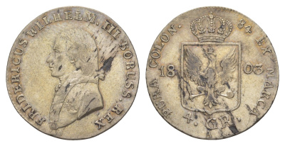 Пруссия 4 гроша 1803 A, Фридрих Вильгельм III (1797-1840) KM 370 серебро 1523-115