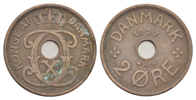Дания 2 эре 1927 NCH, Кристиан X (1912-1947) KM 827 бронза 4701-639