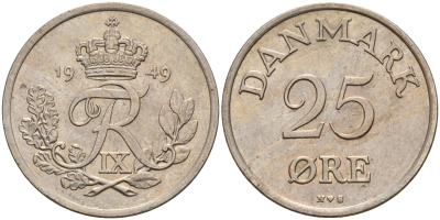 Дания 25 эре 1949 N; S, Фредерик IX (1947-1972) KM 842.1 медно-никель 4148-252