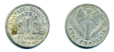 ФРАНЦИЯ 1 ФРАНК 1944 С, ТИП LEGERE, ПРАВИТЕЛЬСТВО ВИШИ KM 902.2, LE FRANC 223.7 алюминий 29-823