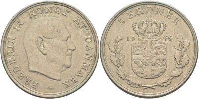 ДАНИЯ 5 КРОН 1966 C; S, ФРЕДЕРИК IX (1947-1972) KM 853.1 медно-никель 38-445