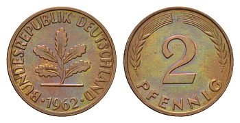 ФРГ 2 пфеннига 1962 F KM 106, J. 381 бронза 4567-321
