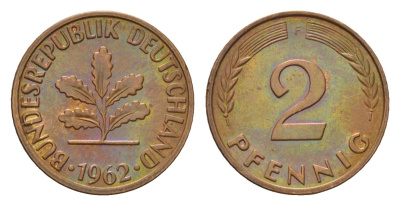 ФРГ 2 пфеннига 1962 F KM 106, J. 381 бронза 4567-321