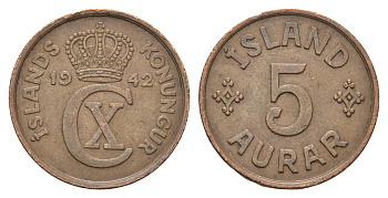 Исландия 5 эйре 1942 KM 7 бронза 4652-1225