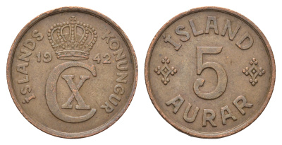 Исландия 5 эйре 1942 KM 7 бронза 4652-1225