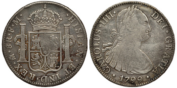 Мексика 8 реалов 1799 FM, монетный двор Mo (Мехико Сити), Карл IV Испанский (1788-1808) KM 109 серебро 00-00