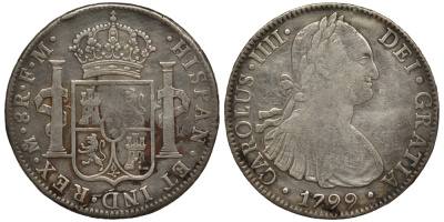 Мексика 8 реалов 1799 FM, монетный двор Mo (Мехико Сити), Карл IV Испанский (1788-1808) KM 109 серебро 00-00