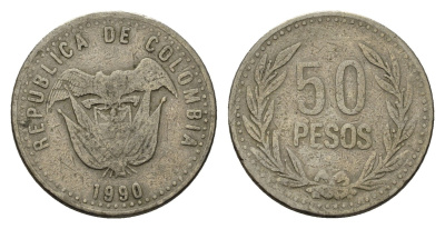 Колумбия 50 песо 1990 KM 283 медь цинк никель 4539-1012