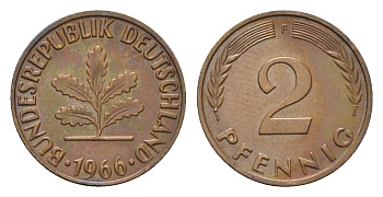 ФРГ 2 пфеннига 1966 F KM 106, J. 381 бронза 3458-657