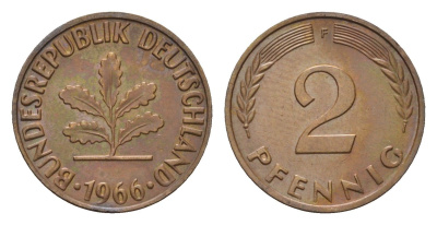 ФРГ 2 пфеннига 1966 F KM 106, J. 381 бронза 3458-657