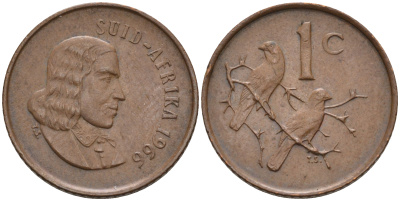 ЮАР 1 цент 1966 Ян ван Рибек (1619-1677), Suid Africa, легенда на африкаанс, капские воробьи KM 65.2 бронза 4594-133