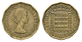 Великобритания 3 пенса 1965 Елизавета II (1952-2022) KM 900, Spink 4153 никель латунь 68-412