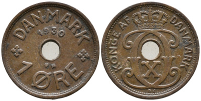 ДАНИЯ 1 ЭРЕ 1930 N; GJ, КРИСТИАН X (1912-1947) KM 826.2 бронза 100-642