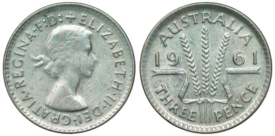 Австралия 3 пенса 1961 m, Елизавета II (1952-2022) KM 57 серебро 71-737