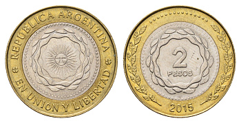 Аргентина 2 песо 2015 KM 165 биметалл aUNC 4571-1115