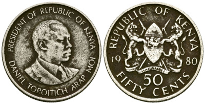 Кения 50 центов 1980 Дэниэл арап Мои KM 19 медно-никель 4138-516