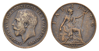 Великобритания 1 фартинг 1916 Георг V (1910-1936) KM 808.1, Spink 4059 бронза 4697-844