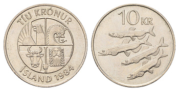 Исландия 10 крон 1984 рыбы KM 29.1 медно-никель UNC 4403-531